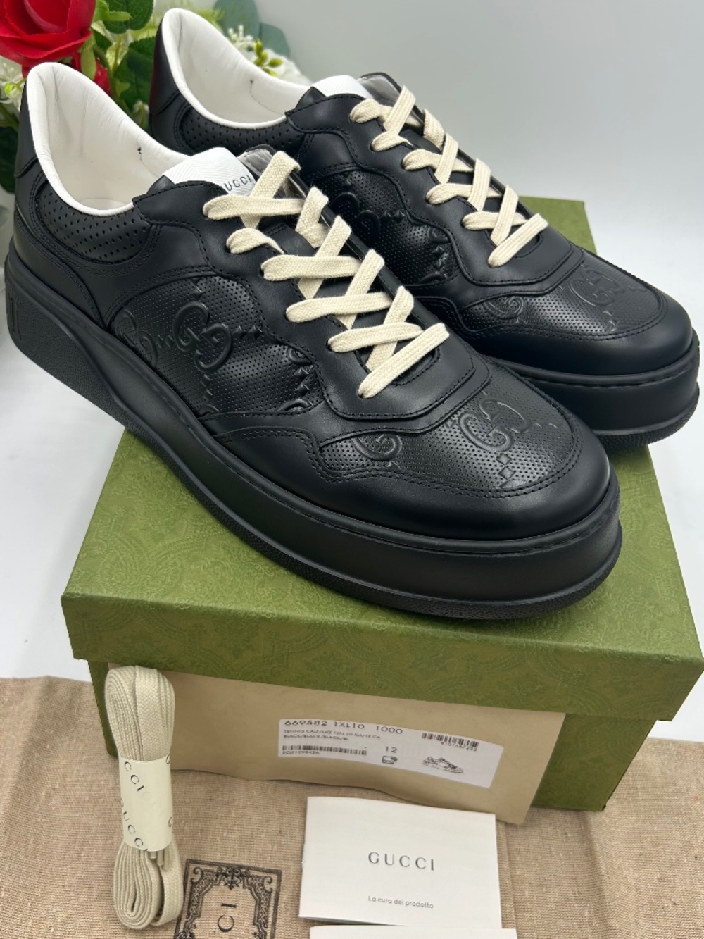 Men’s Gucci GG embossed black leather sneakers.Size11 (fits 11.5.) Made in Italy